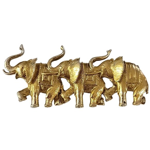 1928 Brand Gold Tone Elephant Trio Brooch Pin K531 - Picture 8 of 8